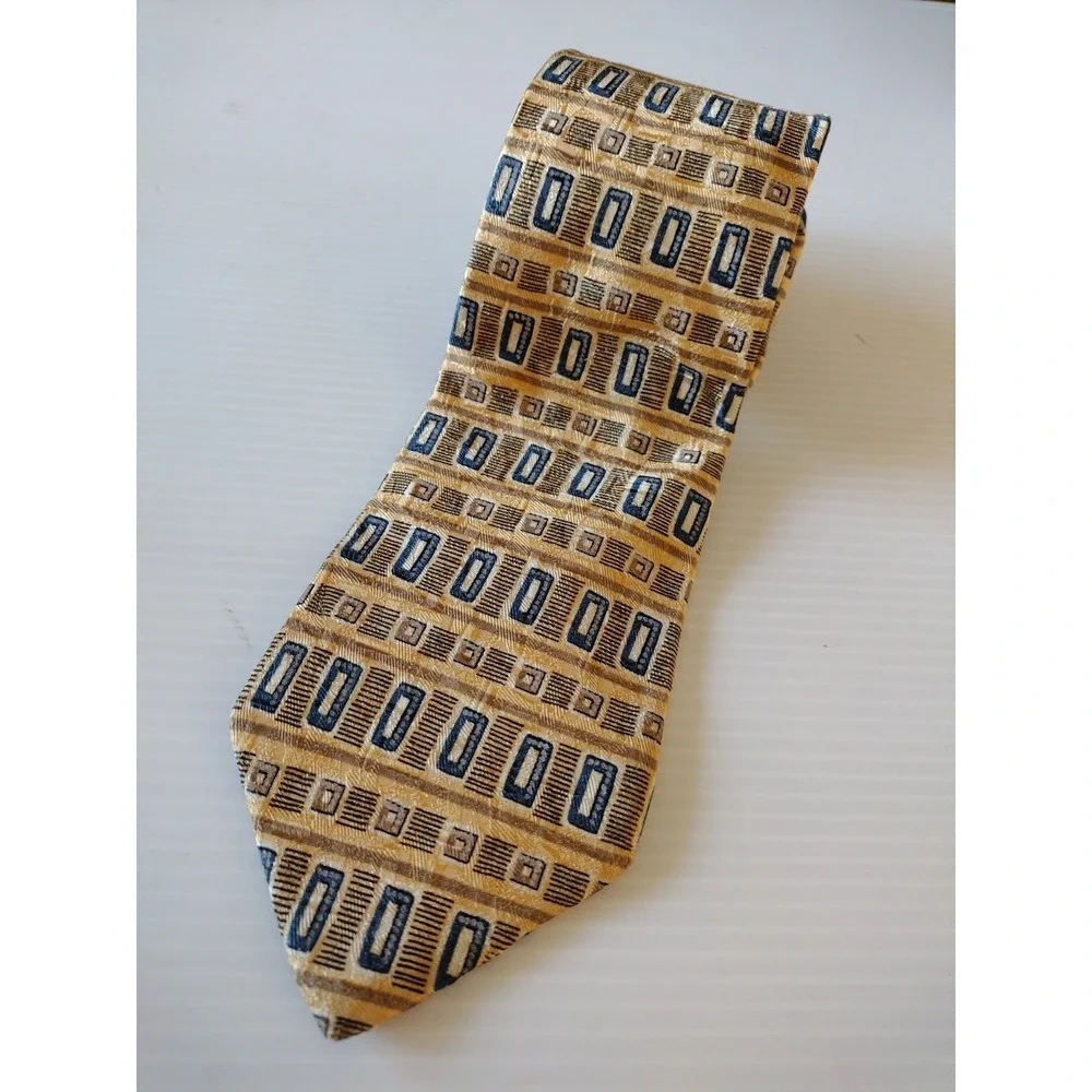 Lands End Neckware Tie‎ Man's Gold Blue Geometric 100% Silk Hand Sewn